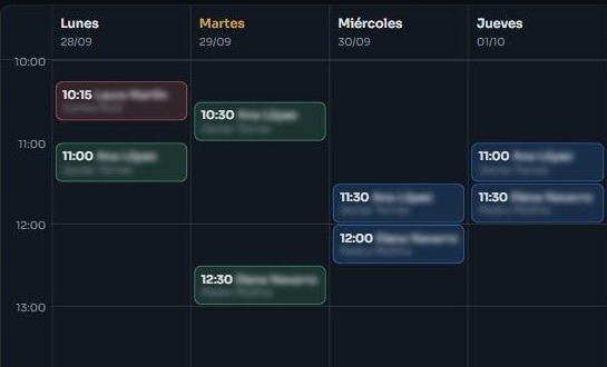 Agenda semanal de un negocio real, con los nombres ocultos